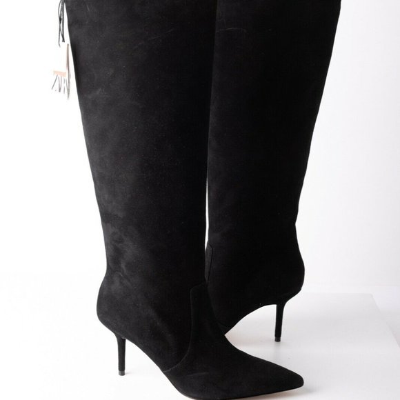 Zara Womens Black Suede Knee High Heeled Boots 10 - Picture 2 of 8